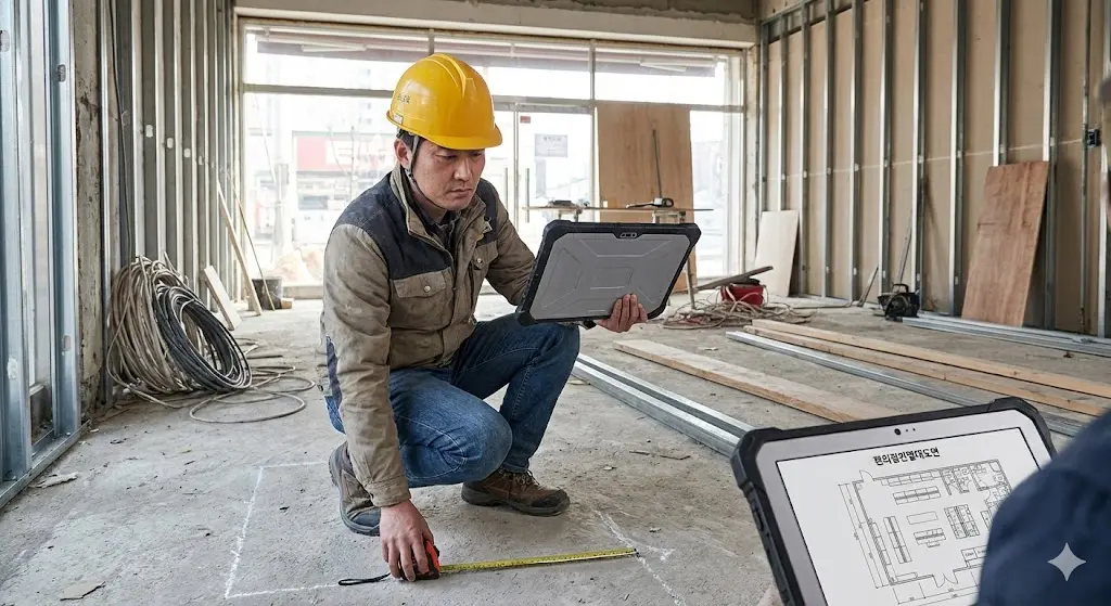 안전모를 쓴 점주(store owner wearing a hard hat)가 태블릿 도면을 보며(holding a tablet... floor plan) 줄자로 바닥을 재고 있음(measuring... with a tape measure) - 주도적이고 꼼꼼한 확인 과정을 묘사.