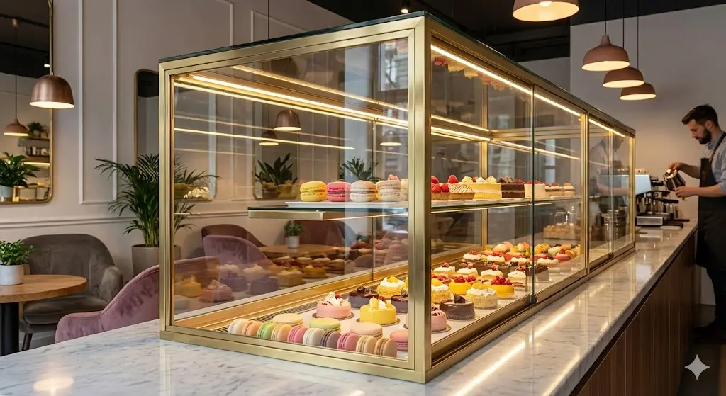 세련된 카페 내부의 LED 조명이 설치된 고급 냉장 음식쇼케이스와 화려한 디저트 진열 전경