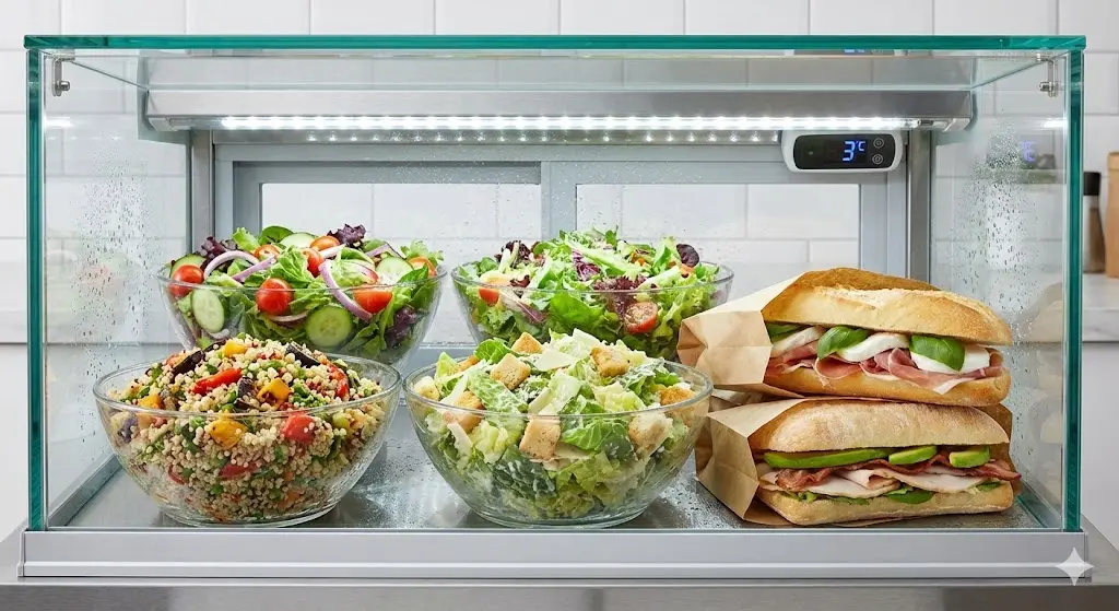 신선한 샐러드와 샌드위치가 진열된 냉장 음식쇼케이스 내부의 선명하고 밝은 조명 상세 컷