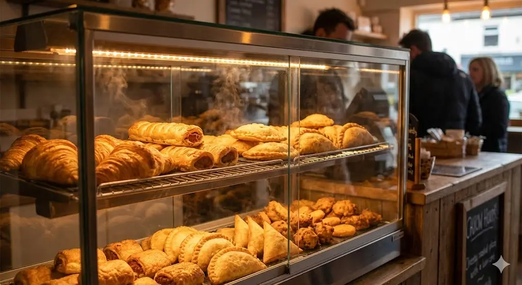 갓 구운 빵과 튀김류가 따뜻하게 보관된 온장 음식쇼케이스와 은은한 황색 조명 연출