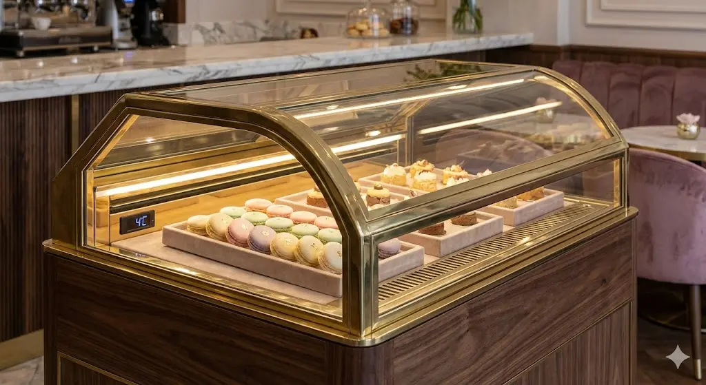 보석함처럼 디자인되어 고급 디저트를 진열하고 있는 카페용 프리미엄 평대쇼케이스