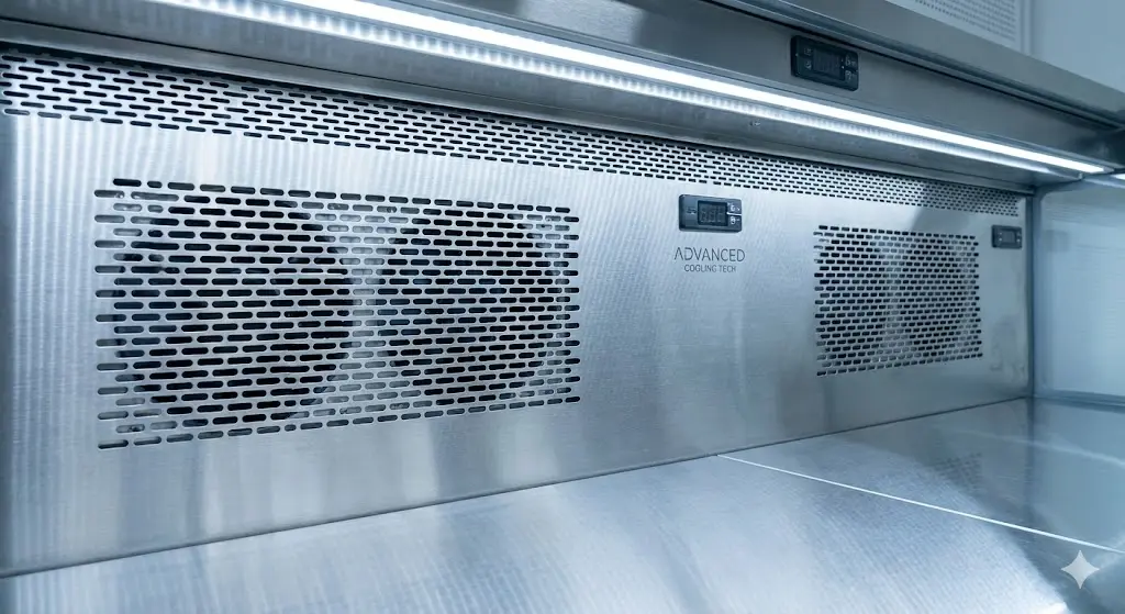 성에 없이 깨끗한 내부와 간접 냉각 팬 시스템이 보이는 평대쇼케이스 기술 디테일