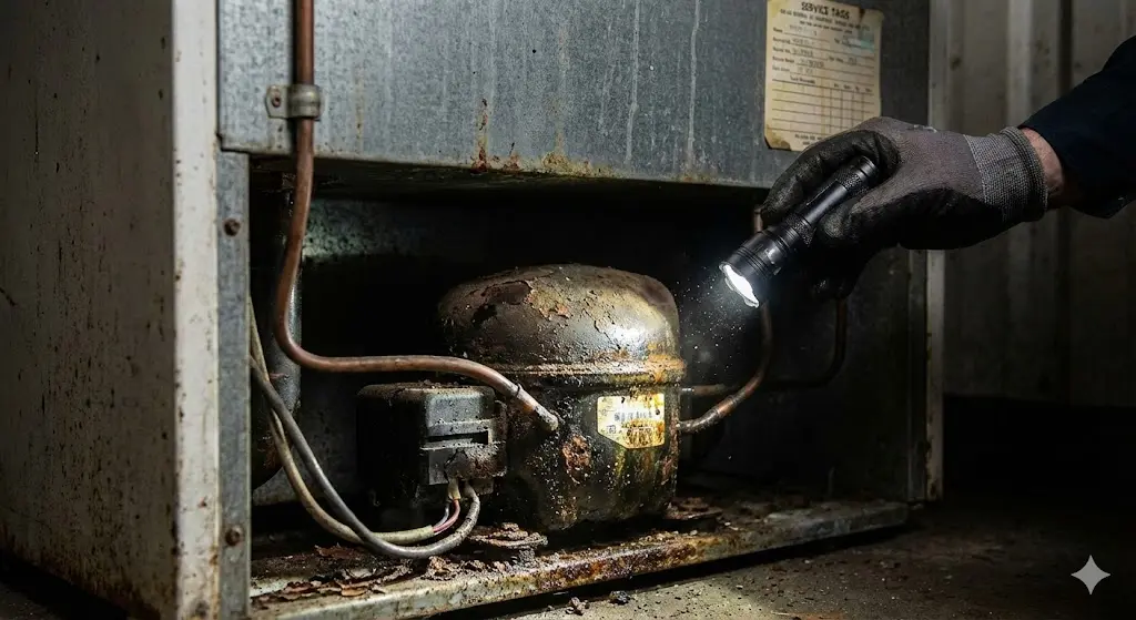 중고쇼케이스 내부 기계실의 노후되고 녹슨 컴프레셔 점검 모습