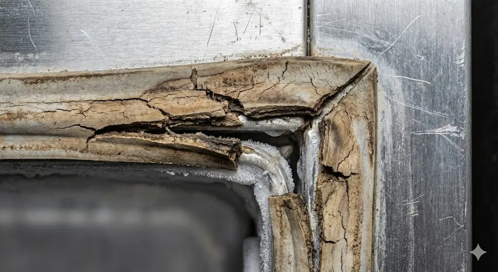 냉기가 새어 나오는 중고쇼케이스의 찢어진 문 고무 패킹 상세 사진