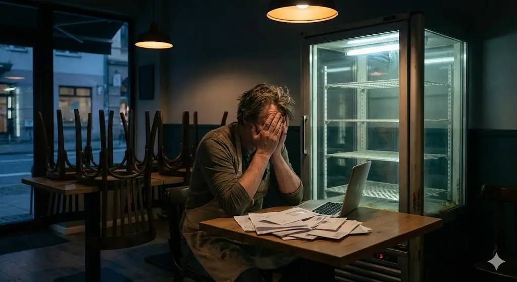 높은 전기요금 고지서를 보고 고민에 빠진 카페 사장님과 구형 중고쇼케이스