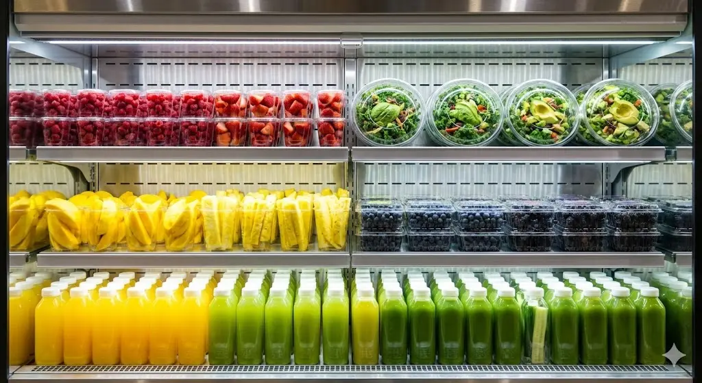 화려한 색감의 과일과 샐러드가 보색 대비를 이루며 진열된 오픈쇼케이스