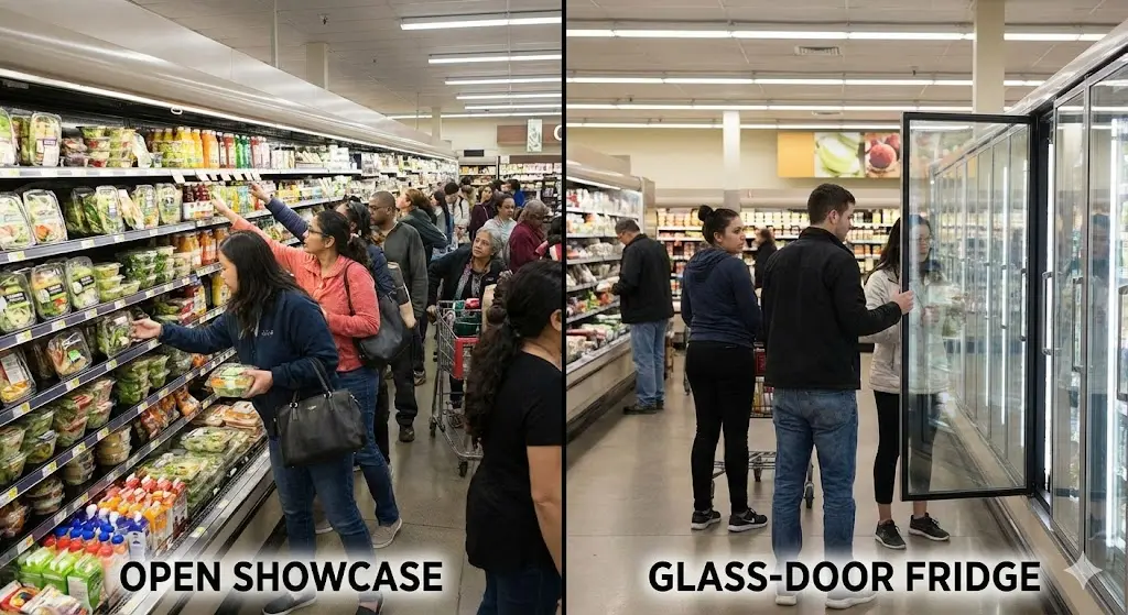 고객 접근성이 높은 오픈형 쇼케이스와 문이 있는 도어형 쇼케이스 비교 사진
