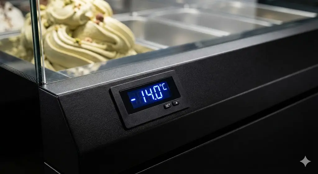 영하 14도를 가리키는 아이스크림 쇼케이스의 디지털 온도 조절기 화면