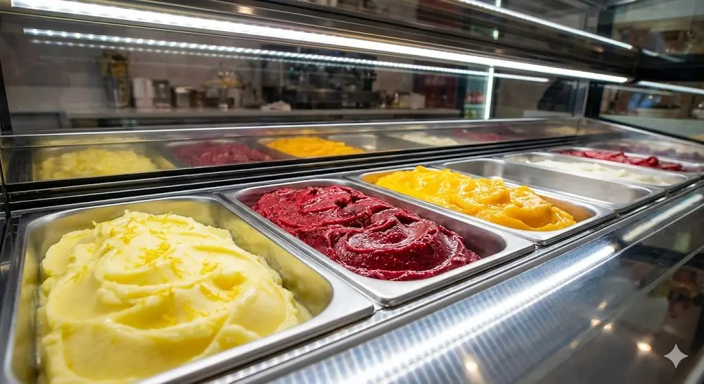 과일 소르베의 색감을 극대화해 주는 쇼케이스 내부 전용 LED 조명 효과