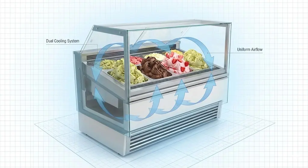 쇼케이스 내부의 냉기 순환을 보여주는 듀얼 냉각 시스템 작동 원리 그래픽