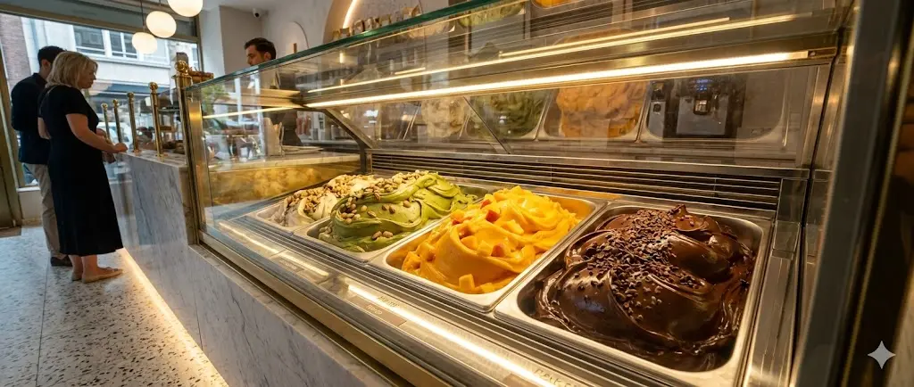 화려한 색감과 질감이 돋보이는 프리미엄 젤라또 쇼케이스 진열 전경