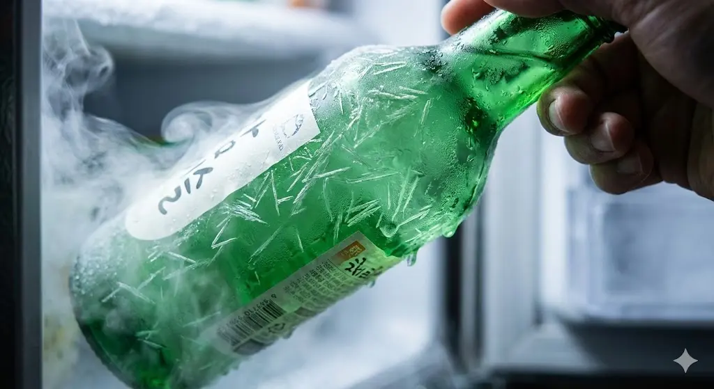 영하의 온도에서 꺼낸 차가운 소주병