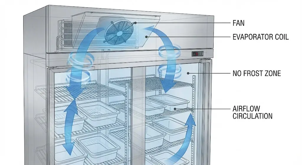 업소용 냉장고의 간냉식 냉각 원리를 보여주는 3D 기술 다이어그램. 상단의 팬(FAN)과 증발기 코일(EVAPORATOR COIL)에서 나온 찬 공기가 내부 구석구석을 순환하며 성에를 방지하는 과정(NO FROST ZONE)을 파란색 화살표로 시각화한 모습.
