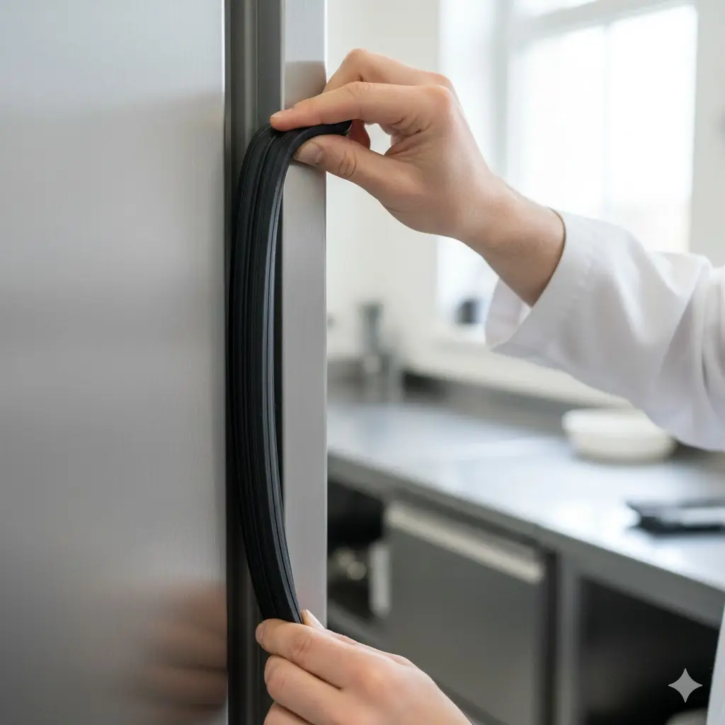 업소용 냉장고 도어의 고무 가스켓 밀폐 상태를 손으로 점검하는 모습
