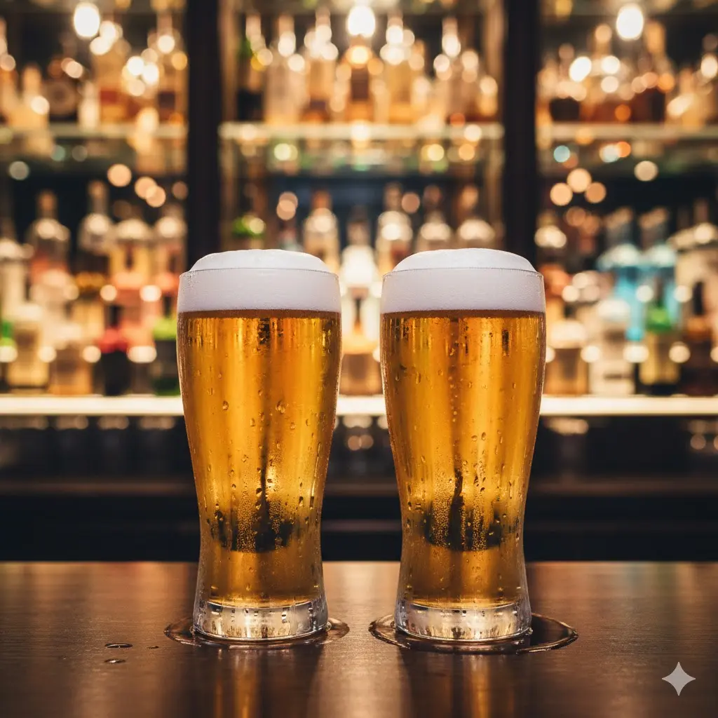 화려한 조명의 주류 쇼케이스 앞에 놓인 시원한 맥주 두 잔
