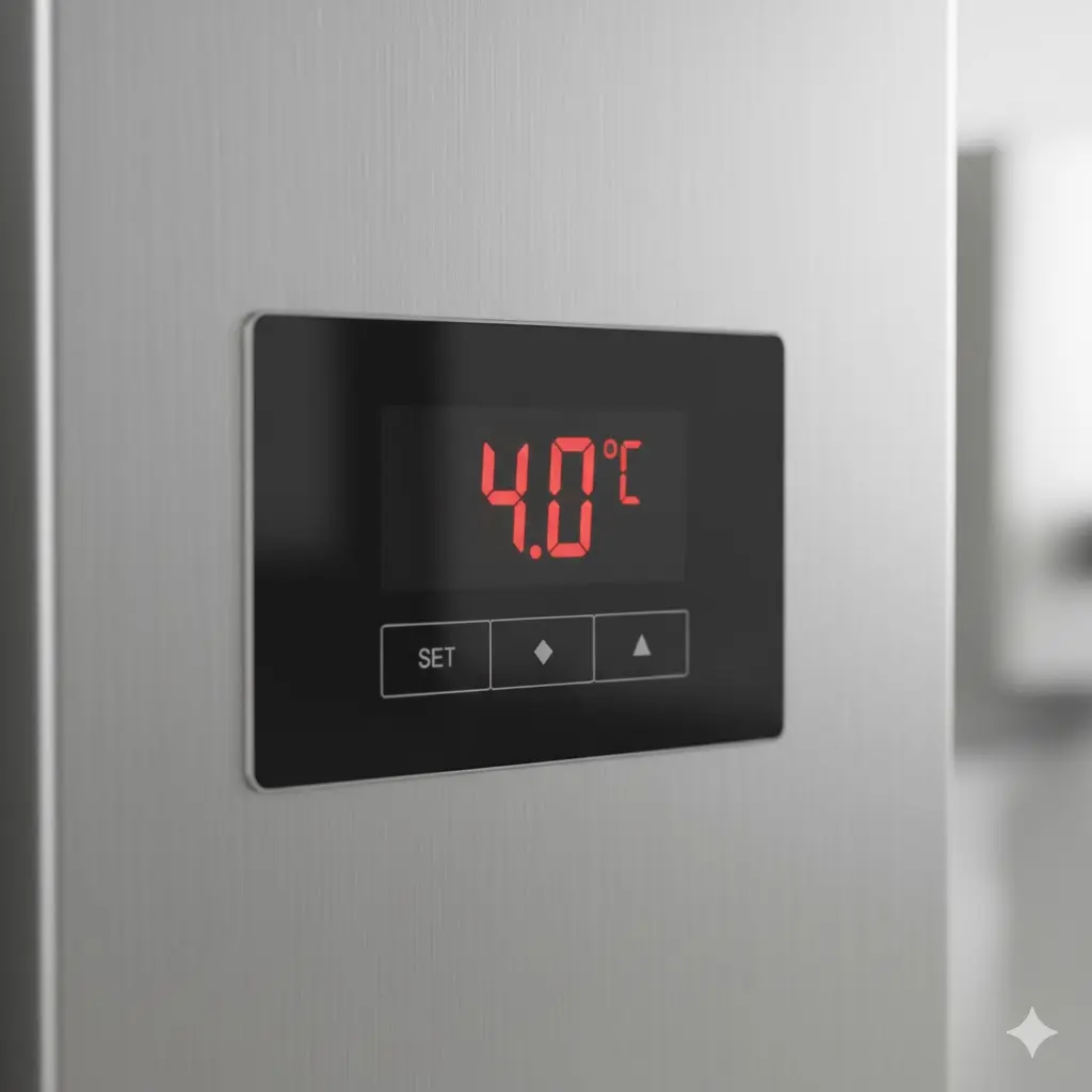 영하 1.0도(-1.0°C)를 표시하는 정밀 디지털 온도 조절기 근접 촬영