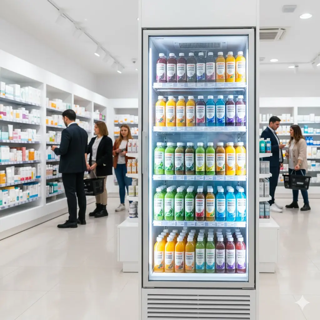 매장 내 오픈 쇼케이스와 신선한 제품을 고르는 고객들이 몰린 약국 전경