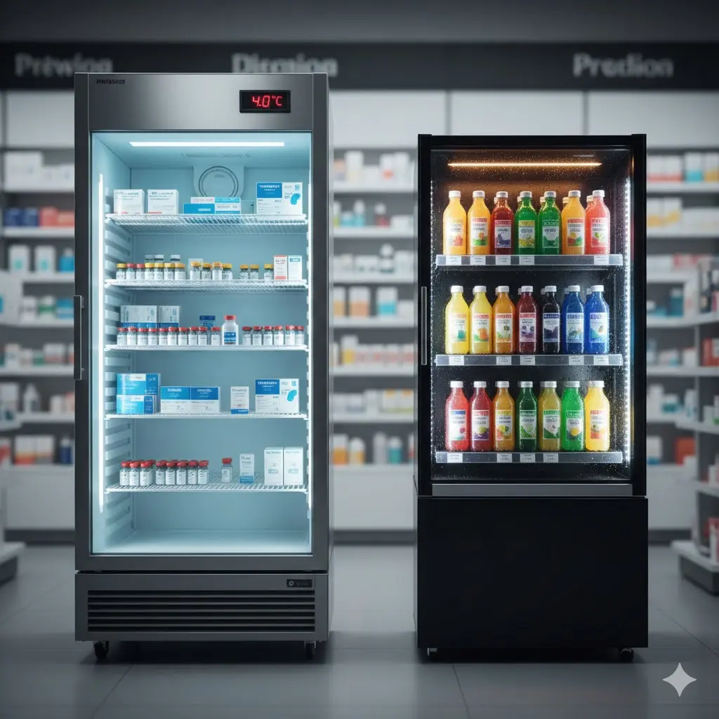 디지털 온도계가 달린 약국냉장고와 시원한 이슬이 맺힌 드링크 쇼케이스를 대비시켜, '안전한 관리'와 '시각적 청량감'을 동시에 강조합니다.