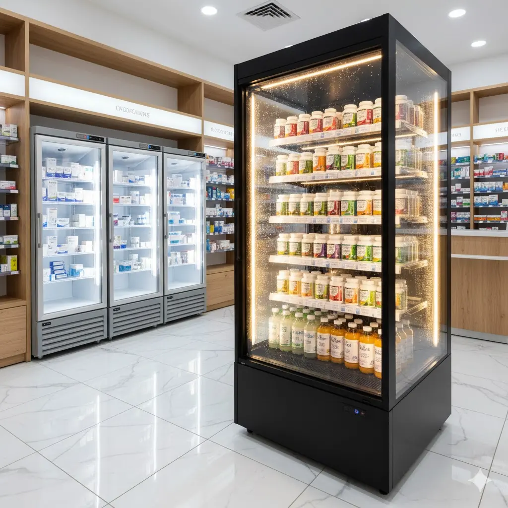 조명과 고급 소재(대리석, 나무)를 활용하여 쇼케이스가 약국 인테리어의 포인트가 되는 모습을 연출합니다. 매출 상승을 위한 마케팅용 이미지로 적합합니다.