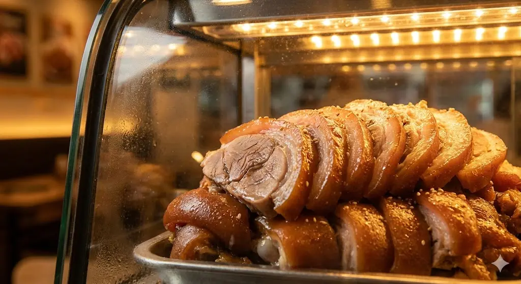 전문 온장 시스템 내부에서 수분 손실 없이 갓 삶은 듯한 윤기와 쫀득한 식감을 유지하고 있는 족발 클로즈업