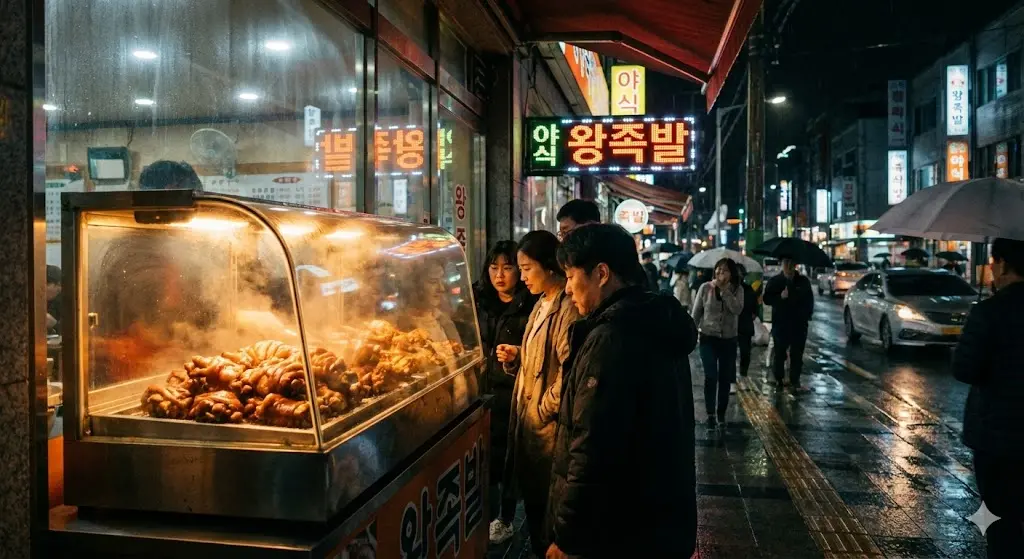 야간에 따뜻한 황금빛 조명으로 행인들의 시선을 사로잡으며 식욕을 자극하는 족발 매장의 윈도우 디스플레이