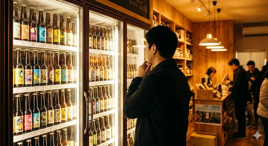 맥주집 매장에서 화려한 세계 맥주 진열을 보며 주문을 고민하는 고객의 모습과 활기찬 매장 분위기.