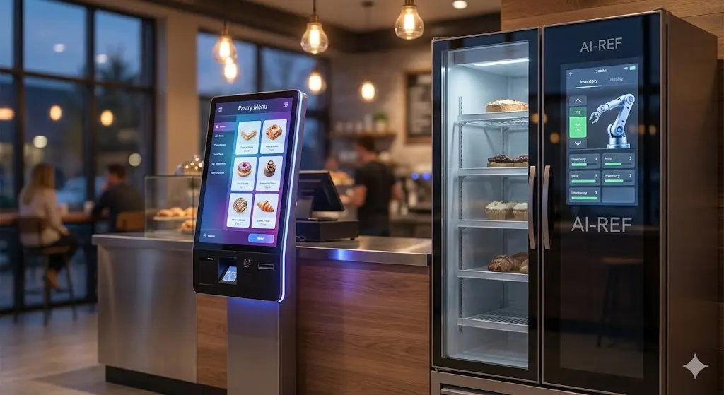 디지털 기기와 스마트 설비가 도입된 현대적인 베이커리 카페 내부.