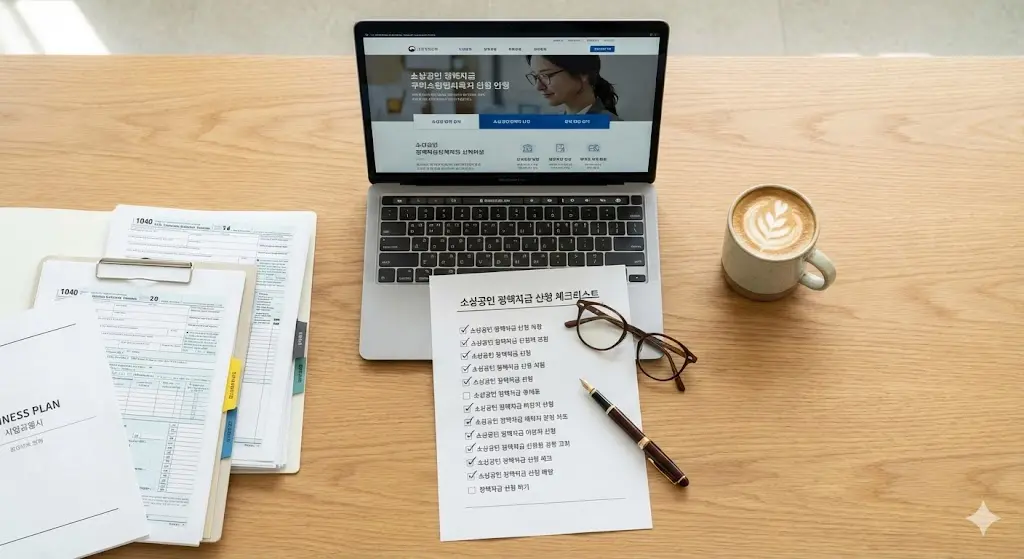 소상공인정책자금 신청을 위해 깔끔하게 정리된 서류와 체크리스트.