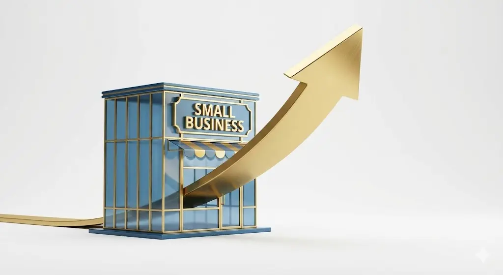 소상공인 매장의 성장을 상징하는 우상향 화살표와 아이콘.