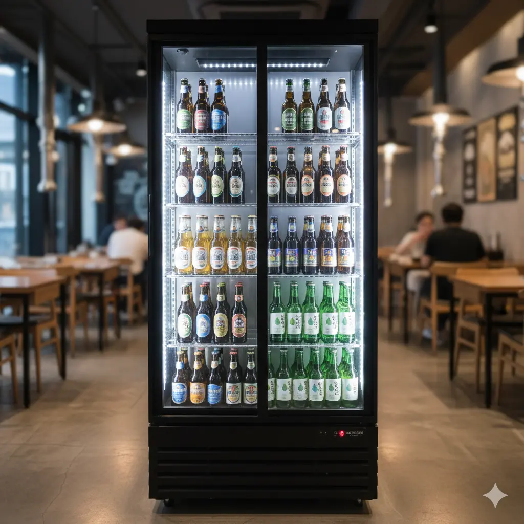소주와 맥주가 잘 진열된 주류쇼케이스