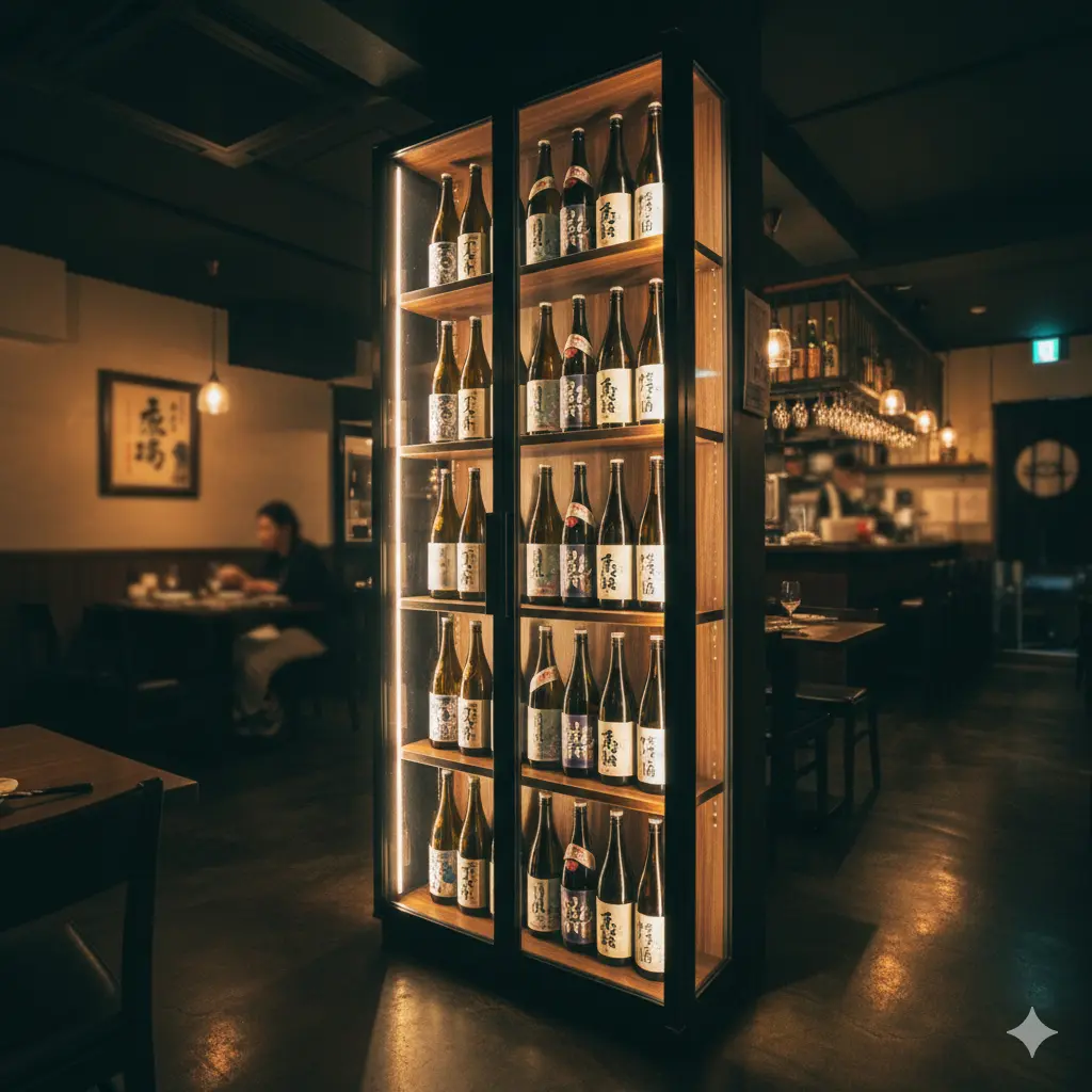 주류쇼케이스를 내부에 배치한 이자카야 모습