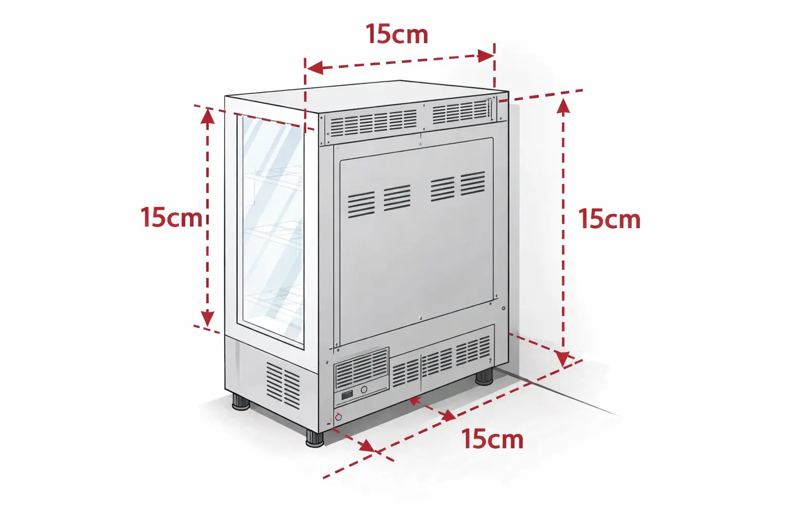 주류쇼케이스 옆면과 후면 15cm 공간을 확보한 구조를 나타낸 이미지