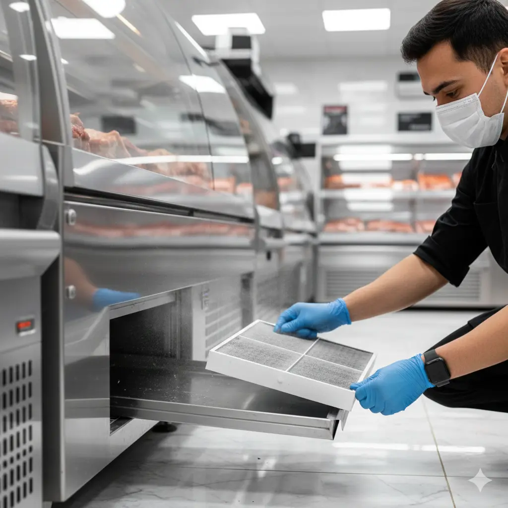 위생 마스크와 장갑을 착용한 매장 직원이 정육점냉장고 하단의 필터를 꺼내 먼지를 털어내는 청결한 모습