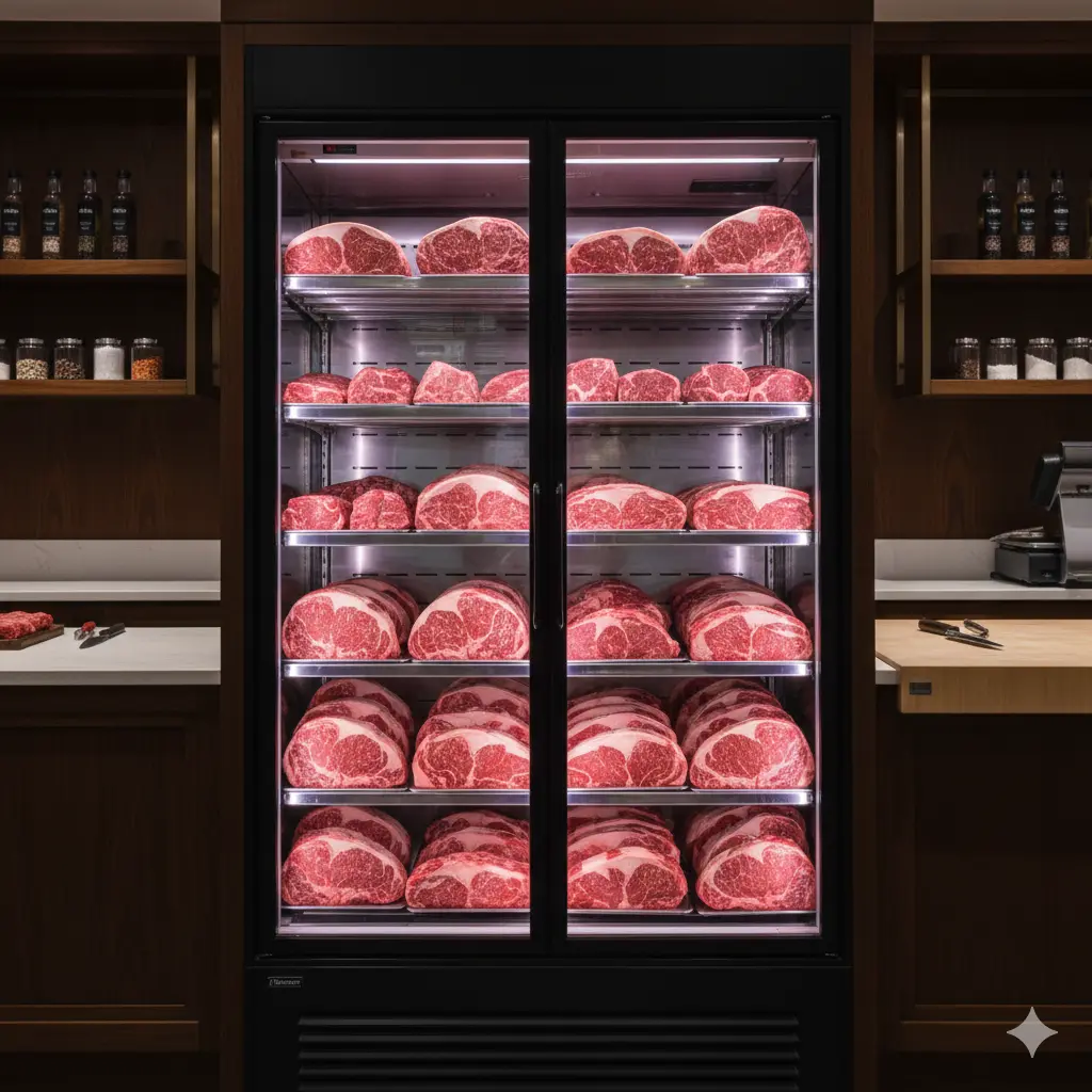 고급스러운 정육점 내부, 은은하고 세련된 핑크색 LED가 켜진 대형 정육점냉장고