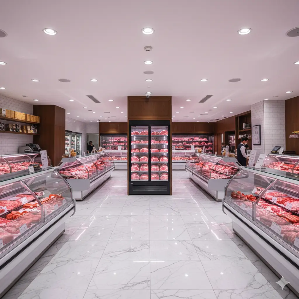 다양한 종류의 정육점냉장고가 배치된 대형 정육 마트의 전경