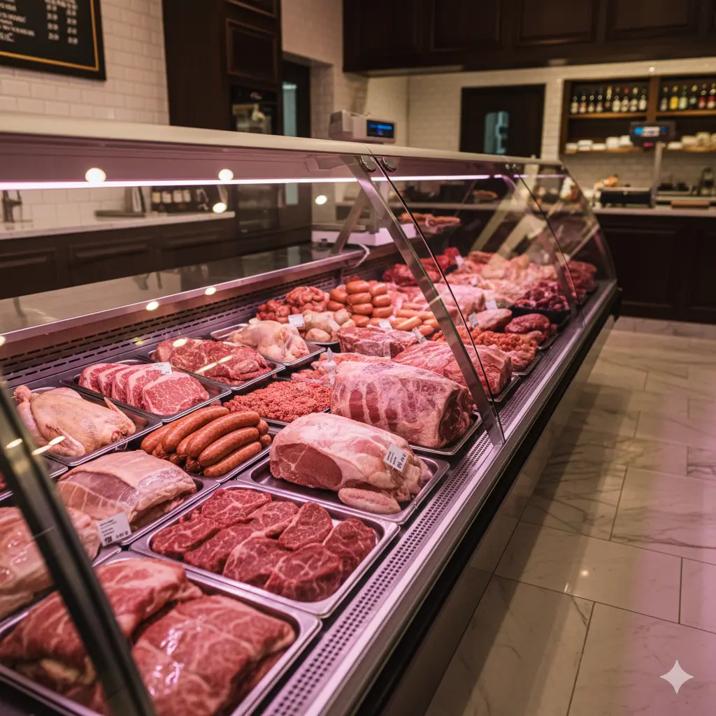 신선한 고기들이 놓여있는 평대형 정육점냉장고 이미지
