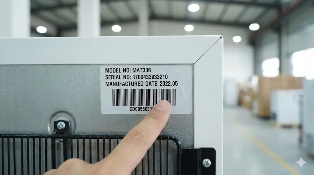 중고업소용냉장고 구매 시 제조 연식을 확인하여 적절한 사용 기간의 제품을 고르는 모습