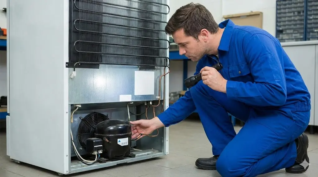 중고업소용냉장고 컴프레서의 소음과 진동을 직접 확인하여 고장 여부를 판단하는 점검 과정