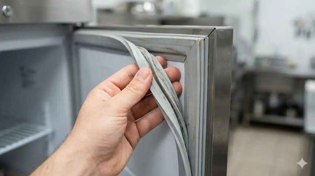 중고업소용냉장고 문틈의 가스켓(고무 패킹)이 찢어지거나 경화되었는지 꼼꼼하게 살피는 모습