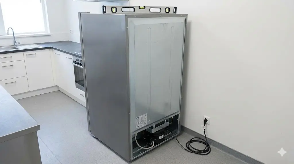 중고업소용냉장고 설치 시 벽면과 충분한 공간을 띄우고 수평을 맞춰 안전하게 배치한 모습