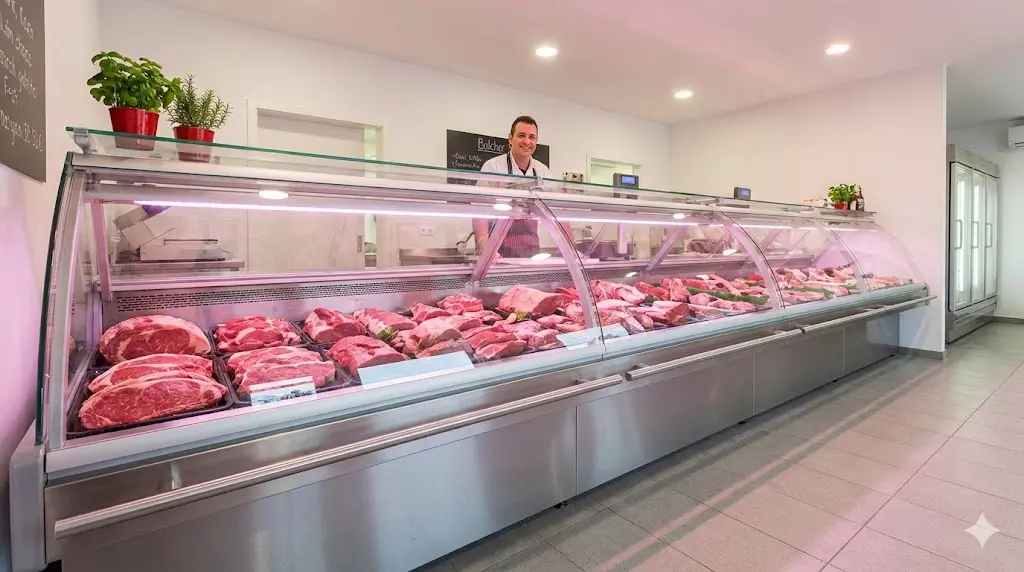 정육쇼케이스중고를 활용하여 신선한 고기를 진열하고 매장 수익을 높이는 활기찬 정육점의 전경이랍니다.