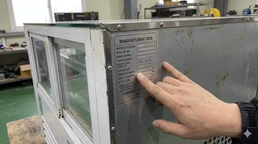 정육쇼케이스중고의 적절한 사용 연한을 파악하기 위해 제조 명판의 제조 일자를 확인하는 모습이에요.