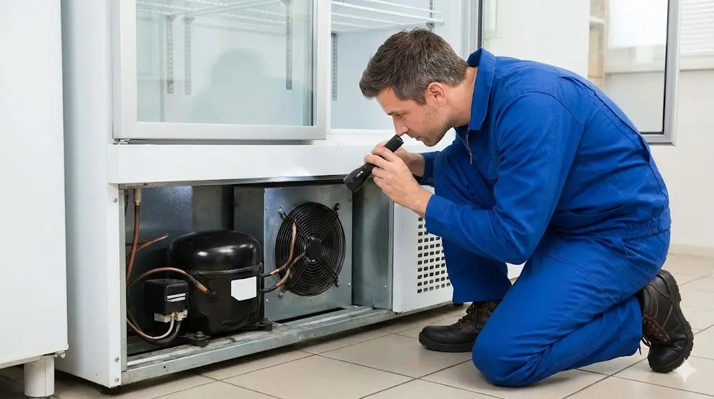 정육쇼케이스중고의 핵심 부품인 컴프레서의 소음과 진동을 전문가가 정밀하게 점검하는 과정이랍니다.