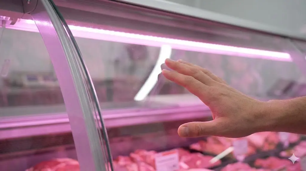 정육쇼케이스중고의 고기 전시 효과를 높이는 전용 LED 조명 상태와 유리창 결로 여부를 손으로 확인하고 있어요