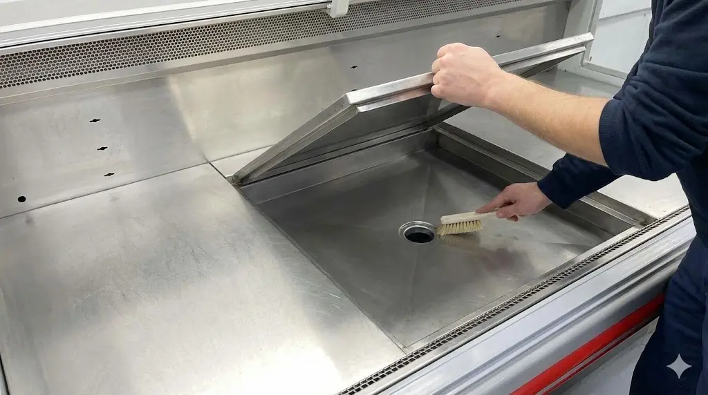 정육쇼케이스중고 내부 위생 관리를 위해 바닥판을 열고 배수구 주변을 청소용 솔로 점검하는 모습이랍니다.