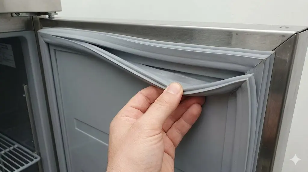 정육쇼케이스중고의 냉기 손실을 막고 전기료를 아끼기 위해 도어 고무 패킹(가스켓)의 밀폐력을 손으로 확인하는 중이에요.