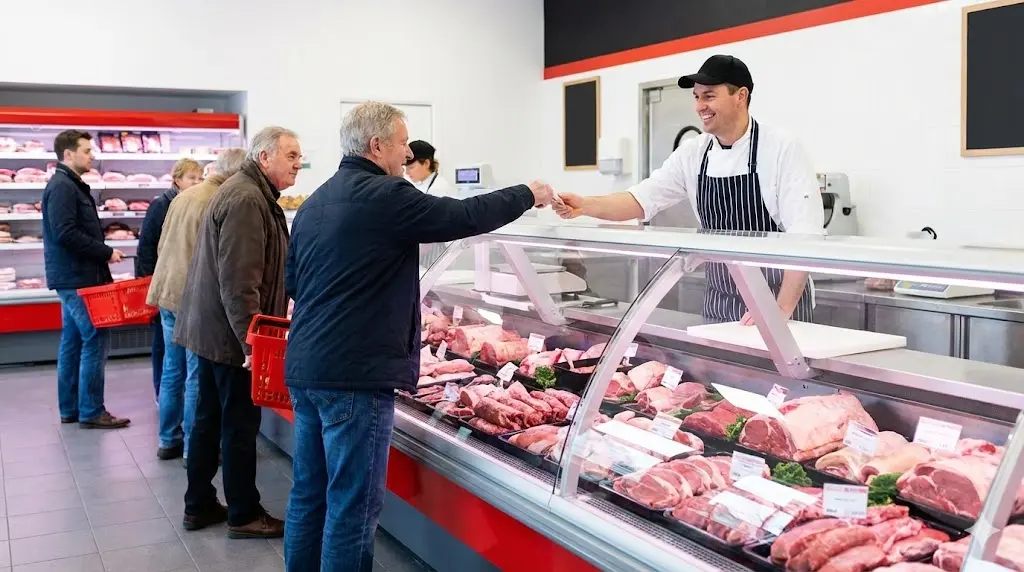 현명하게 선택한 정육쇼케이스중고 덕분에 손님들로 북적이며 성공적으로 운영되는 정육점 매장의 활기찬 모습이에요.