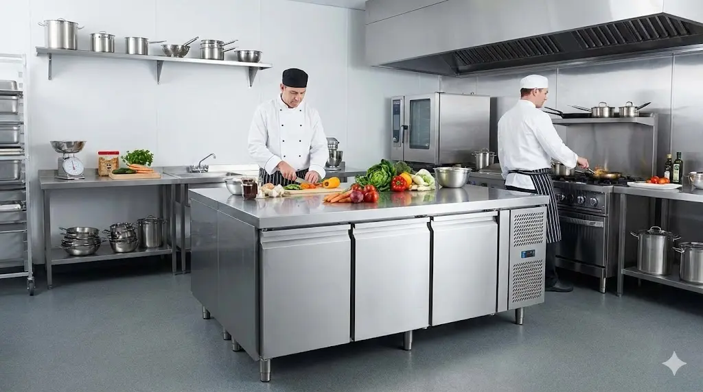 분주한 주방에서 셰프들이 테이블냉장고를 조리대로 활용하며 효율적으로 작업하는 모습이에요.