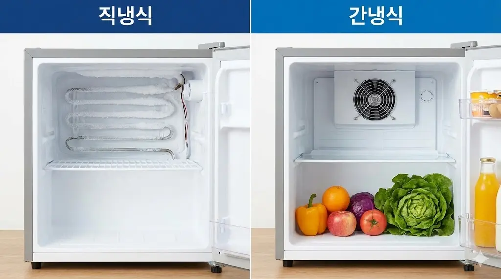 테이블냉장고의 냉각 방식인 직냉식(성에 발생)과 간냉식(팬 순환)의 내부 차이를 비교한 이미지랍니다.