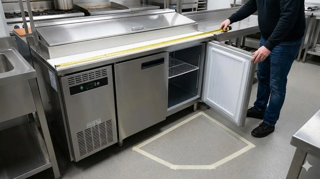 주방 공간에 맞는 테이블냉장고를 선택하기 위해 사이즈와 문이 열리는 반경을 측정하는 모습이에요.